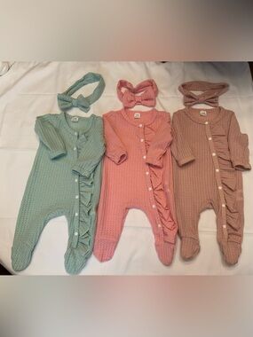 SHEIN set of 3 Baby Knit Ruffle One-Piece’s with matching headbands